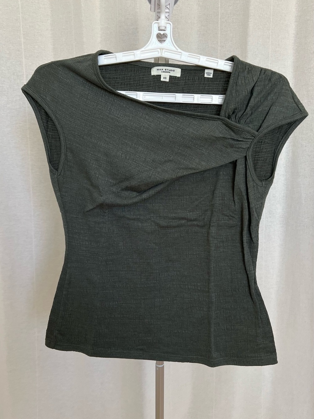 Max Studio Olive Asymmetric Knot Cap-Sleeve Top